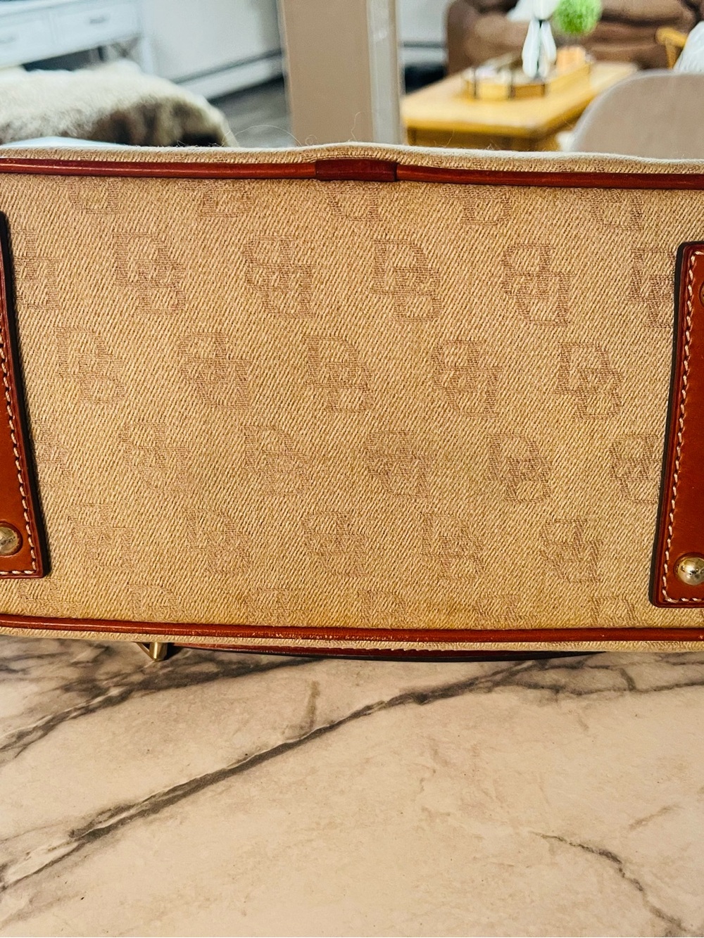 Dooney & Bourke Beige Satchel with Brown Trim and Lilac Flower Charm - Picture 4 of 15